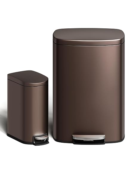 GarveeHome 50 Litre and 10 Litre Metal Bin Set Rustproof Kitchen Trash Can with Lid Pedal Operated Trash Can with Inner Bucket Handle on the Back Brown
