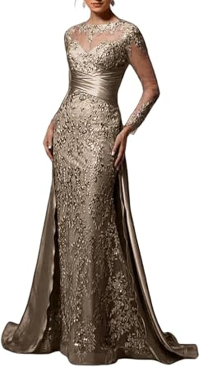 Women's Lace Formal Gown - Long Sleeve, Sheer Back & Mermaid Design for Gala Events