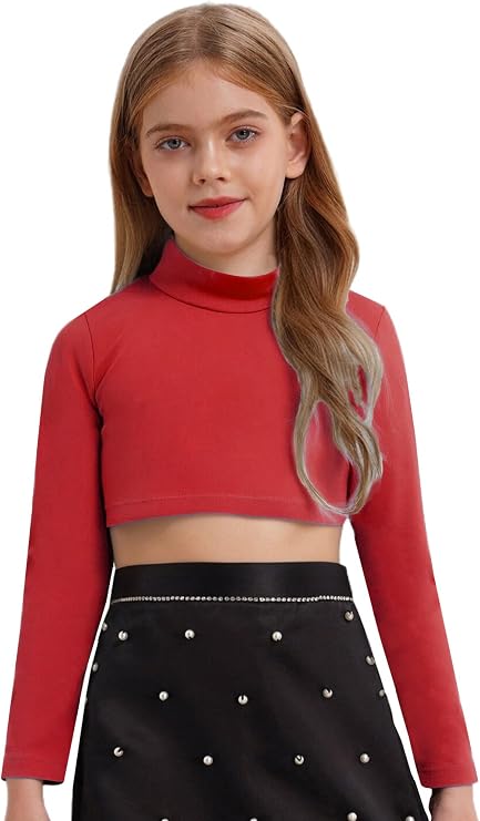 Girls Long Sleeve Turtleneck Crop Top Cheer Dance Shirt