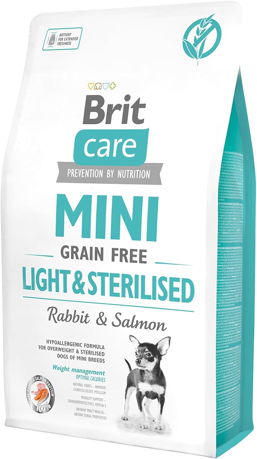 Brit Care Light & Sterilized, Tiny Breed - Dry Food for Sterilized Dogs, Grain-Free, Hypoallergenic Rabbit Meat and Salmon Fish, 2 kg