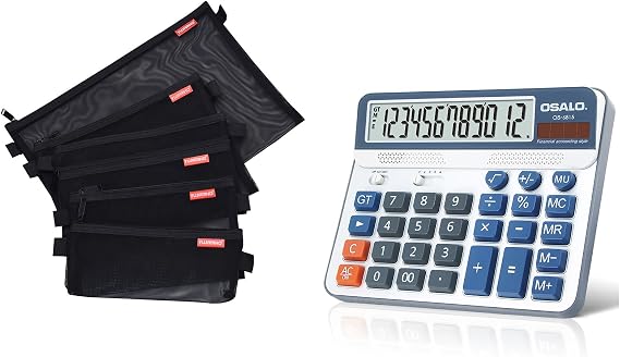 Desktop Calculator and 5pcs Mesh Zipper Pouch Bundle, 12-Digit Battery Solar Powered LCD Display Big Button Calculator, A4 A5 A6 Lightweight Nylon File Folders Document Organizer Cosmetic Bags