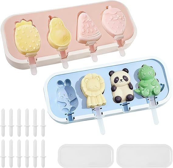 2 Pack Silicone Ice Lolly Moulds, 8 Cavities Popsicle Mould with Sticks, Fruit Animal Silicone Popsicles Molds, Reusable Ice Moulds with Lid, for Home Outdoor (Blue＆Pink)