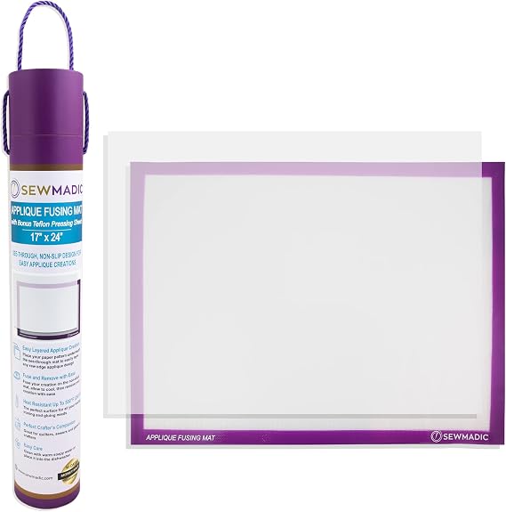 Applique Fusing Mat 17"x24" (43cm x 61cm) with Bonus Applique Pressing Sheet and Handy Storage Tube - A Great Silicone Mat and Applique Teflon Sheet for Arts and Fusible Web Fabric Crafts