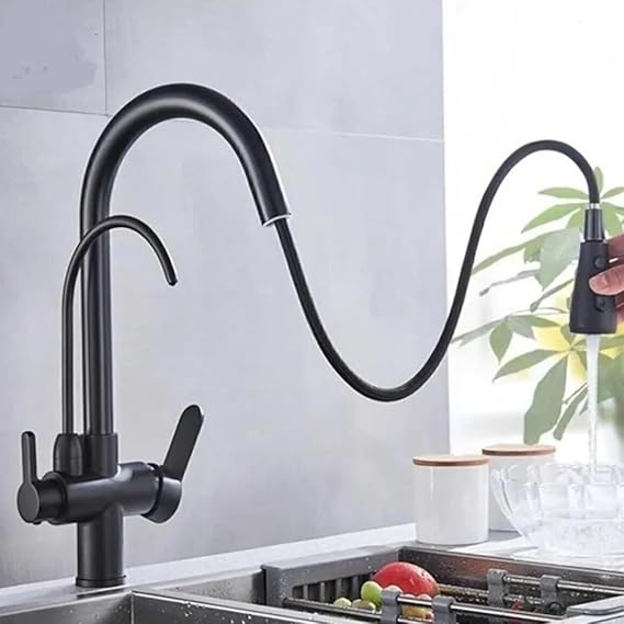 Fleko Spiral Başlıklı Sıcak Soğuk Arıtma Girişli 3 Yollu Mutfak Eviyesi Bataryası (Siyah)
