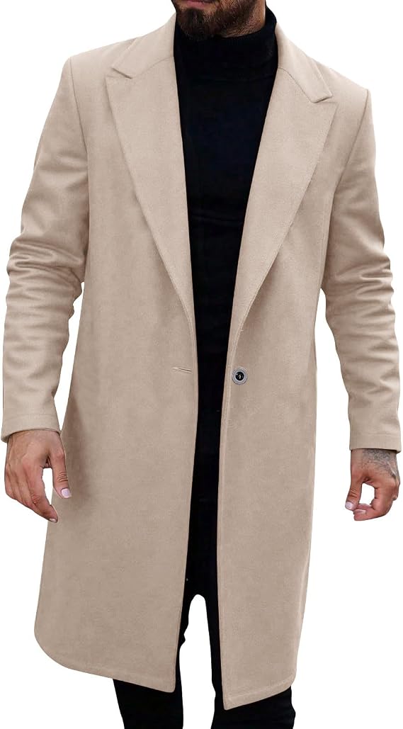 Mens Trench Coat Slim Fit Notched Collar Fall Winter Single Breasted Pea Coat Windbreaker Jacket With Pockets