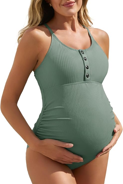 Summer Mae Maternity Swimsuit One Piece Bathing Suit Button Neck Cross Back