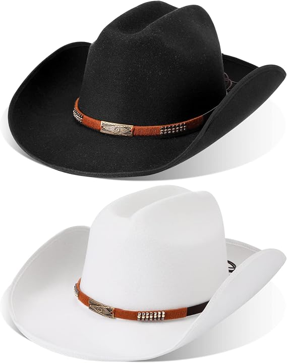 Boyiee 2 Pcs Cowboy Hat for Men Women Felt Western Style,Black, White