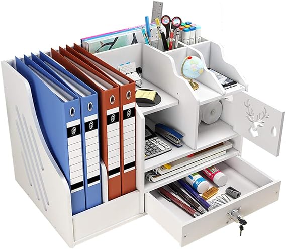 NUODWELL White Large Capacity Desk Organiser Letter Tray Storage Compartments with Drawer Desk Tray for Tidy Storage of A4 Paper Pens Books Documents