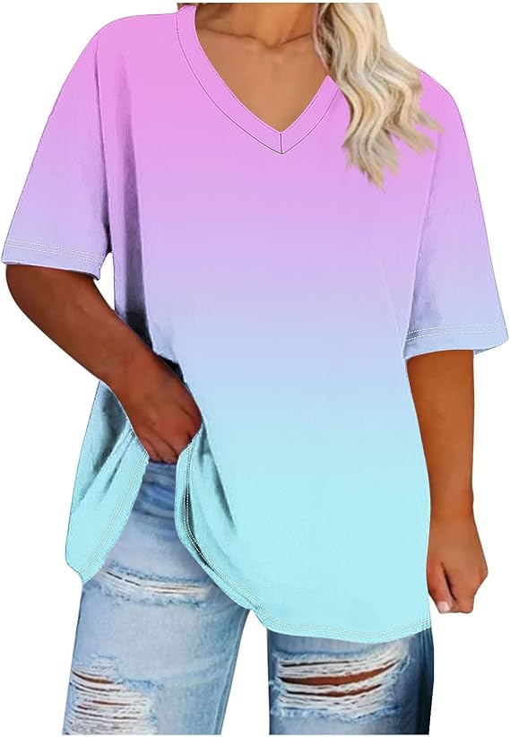 Plus Size Tops for Women Gradient Oversized V Neck Shirts Summer Short Sleeve Dressy Casual Loose Fashion Blouses