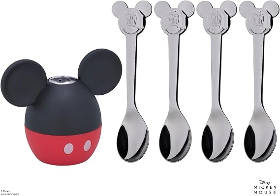 WMF Disney Mickey Mouse Shaker Set, 5 Pieces, Salt Shaker with 4 Spoons, Cromargan Polished Stainless Steel, Dishwasher Safe