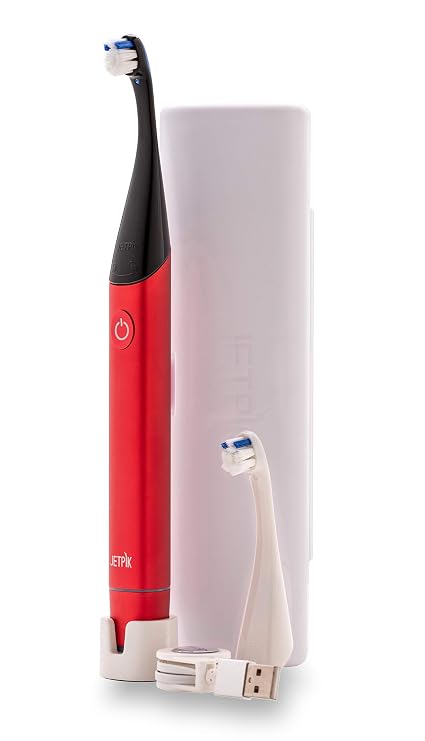 Jetpik JP300 Modern Sonic Rechargeable Toothbrush for Adults - 5 Brushing modes, Premium Aluminum Body, Waterproof, USB induction charging, Portable Travel Case Included RED color