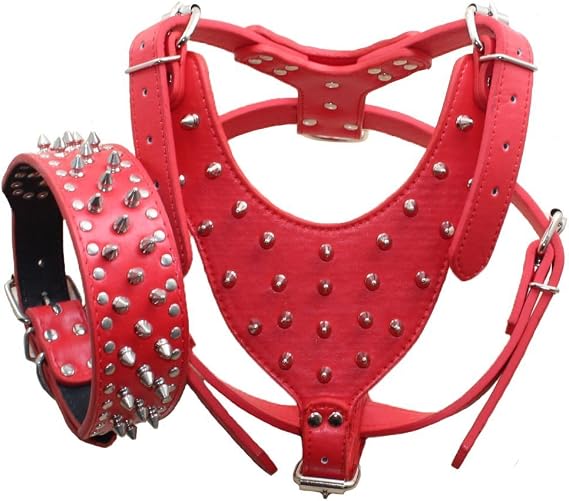 Leather Spiked Studded Medium & Large Dog Collars, Harnesses 2Pcs Matching Set for Pit Bull,Mastiff, Boxer, Bull Terrier
