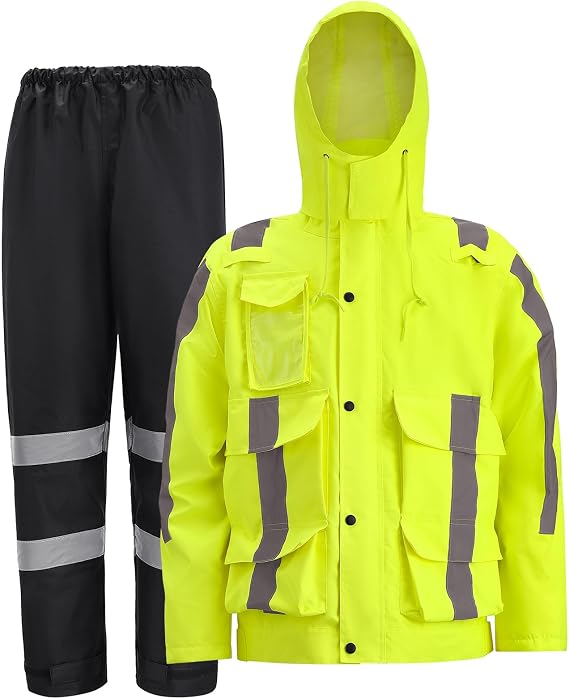 Oumurs Men's Motorcycle Rain Suit Waterproof Jacket & Pants with Reflective Strips, Breathable Mesh Lining Riding Raincoat