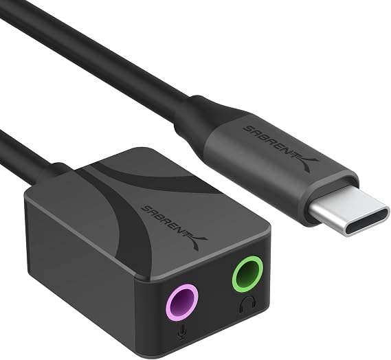 SABRENT USB-C to 3.5mm Audio Adapter, USB Sound Card, Mono Mic (AU-UCMA) | USB-C, External Sound Card, 24-bit/96kHz, Stereo Out & Mono Mic In, For Windows, macOS, Linux, Aluminum, Plug and Play