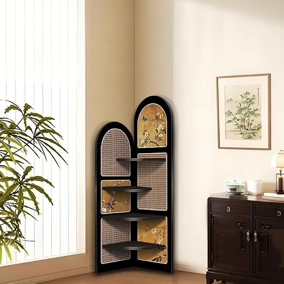Corner Bookshelf with Storage, 4-Tier Freestanding Storage Shelf, Decorative Vertical Display Shelf, Storage Rack for Living Room Bedroom Office(E,Small)