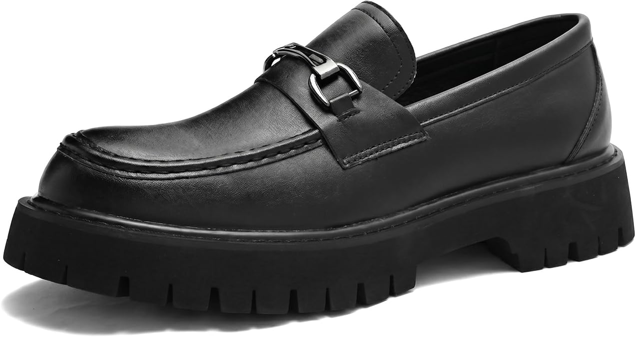 Men's Patent Leather Chunky Loafers Fashion Metal Buckle Slip-On Platform Dress Shoes Lug Sole Casual Business Work Shoes