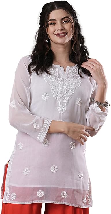 Ada Indian Hand Embroidered Chikankari Women's Georgette Kurti Top Tunic Shirt with inner A911300