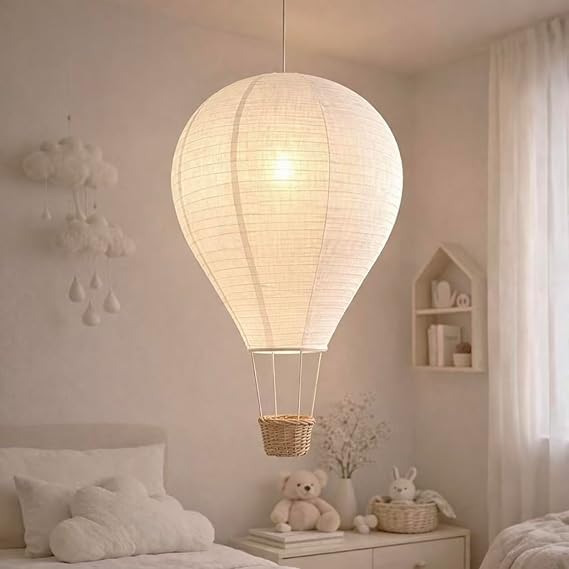 Hot Air Balloon Hanging Lampshade, Handmade Faux Linen Decorative Pendant Shade for Nursery, Kids Room & Bedroom Decor, Woven Basket Detail, Approx. 14" Dia x 22" H, Lampshade Only