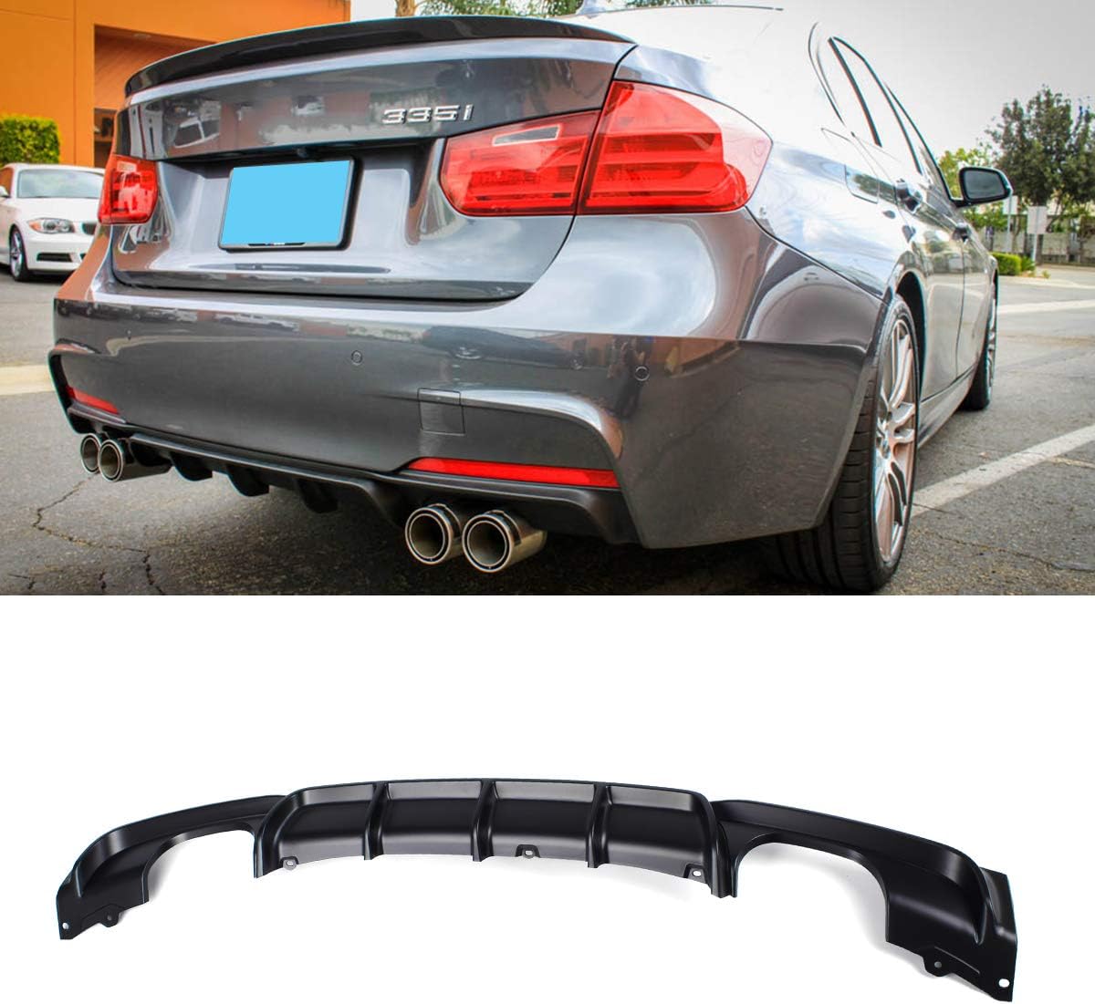 F30 Diffuser, FRP M Style Rear Bumper Diffuser Lip 4 Exhaust Tips for BMW 3 Series F30 320i 325i 328i 335i M-Tech M Sport Matt Black