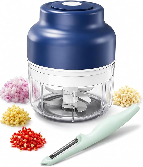 Electric Garlic Chopper, Mini USB Rechargeable Food Chopper with Peeler, Portable Vegetable Chopper with Stainless Steel Blades for Garlic, Ginger, Chilli, Herbs and Small Meal Prep