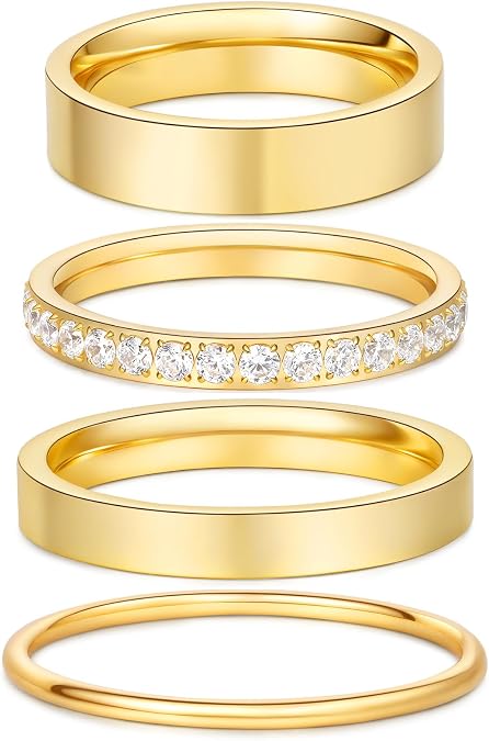 4 Pcs 14k Gold Filled Rings for Women Non Tarnish Wedding Bands Stacking Rings for Women Titanium Steel CZ Simulated Diamond Knuckle Ring Set