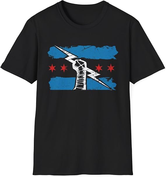 CM Punk Shirt - Chicago Flag Lightning Fist T Shirt - Pro Wrestling Merch (Black, XS)