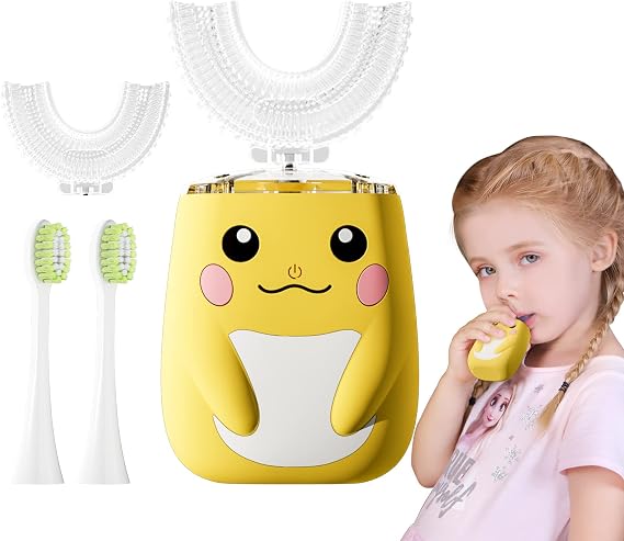Kids U Shaped Electric Toothbrush with 4 Brush Head,Cartoon Design Auto Sonic Toothbrush for Children 8-15 Year,360° Full Mouth Cleaning Toddler Power Toothbrushes