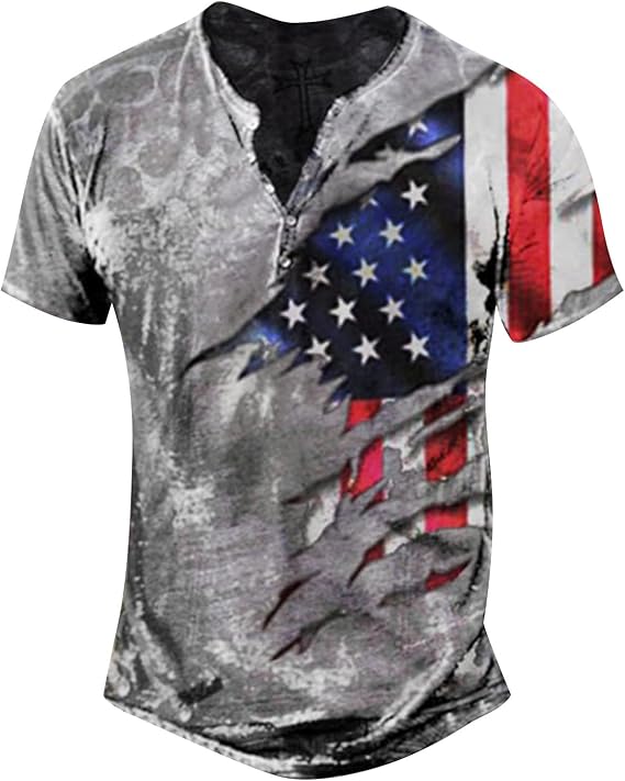 American Flag Shirts for Men Retro Patriotic Graphic Short Sleeve Button-Down Henley Shirt Funny 4th of July T-Shirt