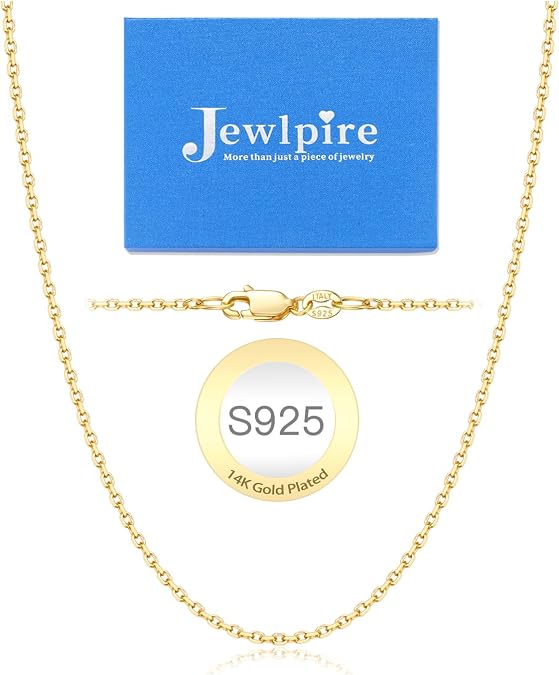 Jewlpire 14K Gold Plated 925 Sterling Silver Chain Necklace for Women, 1.1mm 1.3mm Cable Chain Necklace Comfortable Women's Chain Necklaces 14 16 18 20 22 24 26 Inch