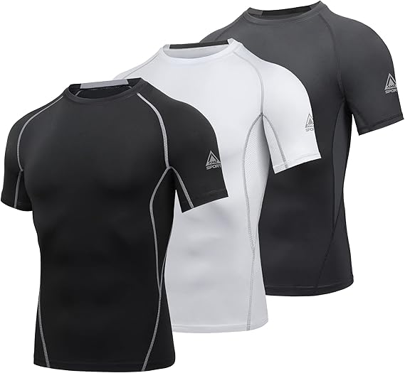 AMZSPORT 3 Pack Men's Compression Shirts, Short Sleeve Cool Dry Moisture Wicking Base Layer for Gym Running