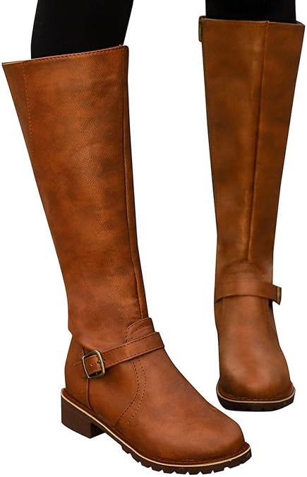 Womens Knee High Boots Clearance,Winter Boots for Women Today's Deals,Casual Thick Soles Low-heeled Boots Plus Size Mid Calf Zipper Boots Platform Leather Boots Waterproof Rain Boots UK Size 3-7.5