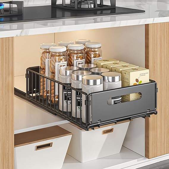 Pull out Cabinet Organiser Foldable, pull out drawers for kitchen cupboards, Pull Out Shelf Kitchen Storage Drawer for Kitchen Cupboard, Bathroom, Bedroom, 24.5 * 37.5 * 10cm