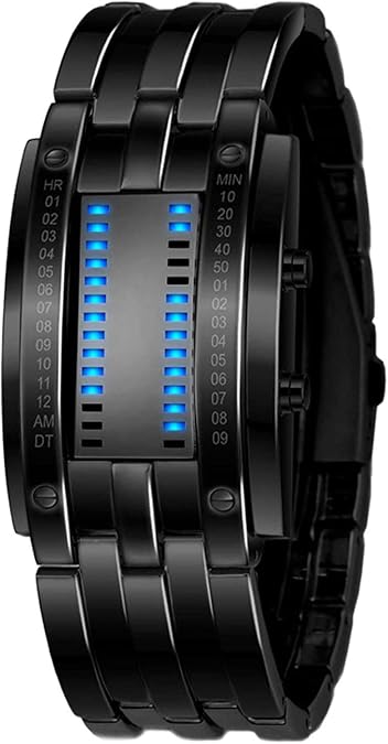 MASTOPBinary Watch for Men Blue LED Digital Rectangular Stainless Steel Classic Creative Fashion Black electroplated Watch (Black)