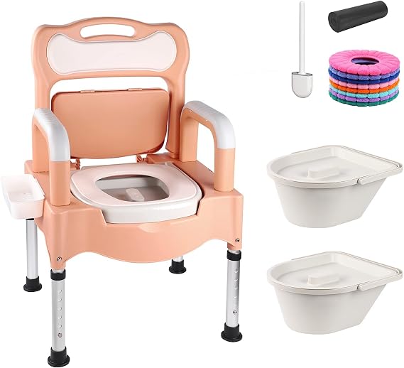 Bedside Commode Toilet Chair Seat with Handles for Elderly, Adjustable Mobile Portable Toilets, Adult Potty Chair Supports 660 Lb Commodes for in Home Care for Seniors Disabilities Maternity (Khaki)