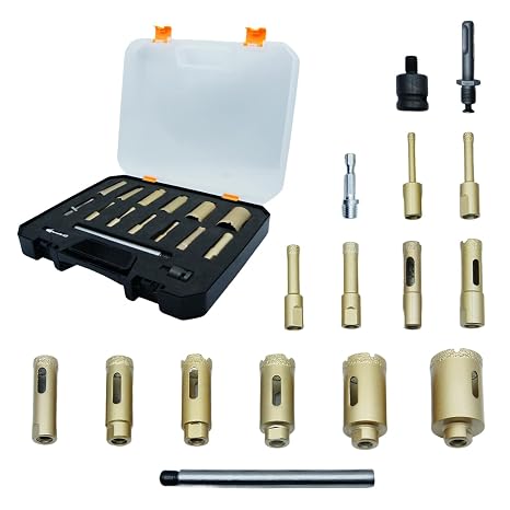 M10 Diamond Drill Bit Set LAIWEI 16PCS Tile Hole Saw Set Includes 1/4"-1-3/8"Hole Cutters and Various adapters Suitable for Tiles, Ceramics, Marble, Granite, etc.