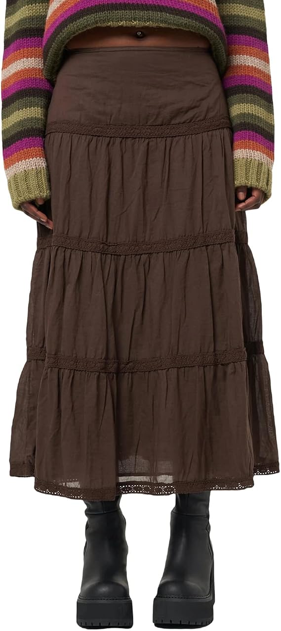 Women Fairy Grunge Midi Skirt Vintage Boho Elastic High Waist A Line Printed Maxi Skirt 90s E-Girls Streetwear