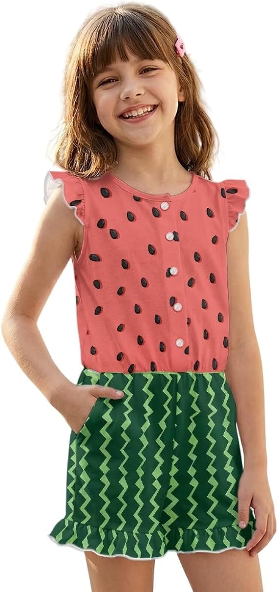 Girls Ruffle Romper Shorts Size 5-14 Girls Summer Jumpsuits Round Neck Elastic Waist Loose Fit