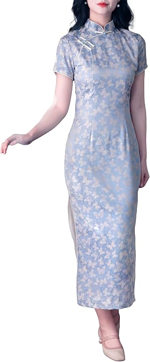 Womens Dusty Blue Qipao Satin Cheongsam with Jacquard Floral and Butterfly Motifs