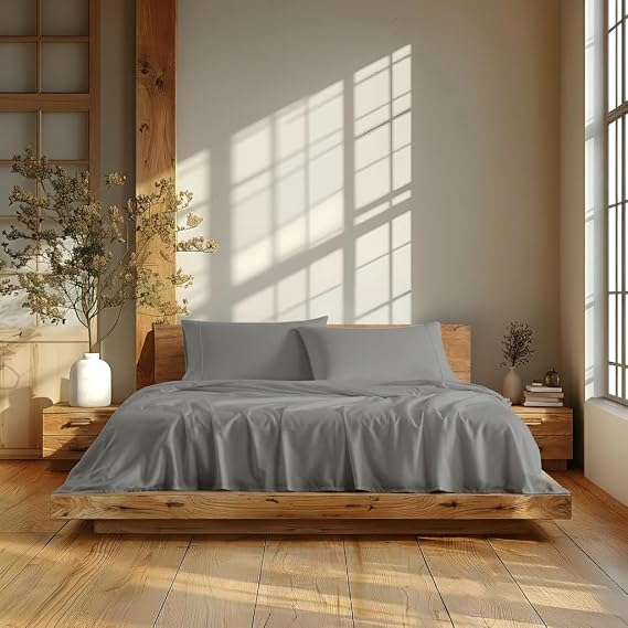 Linen Closet 4Pc 100% Organic Cotton King Size Sheets Set, Grey, 300 Thread Count, Naturally Derived EarthColors, Deep Pocket Fitted Sheet (Up to 18"), Soft Bed Sheets Set, Juego De Sabanas King