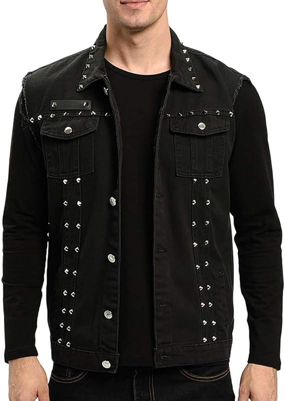 INVACHI Men's Slim Fit Punk Denim Vest Sleeveless Jeans Vest Jacket with Rivets