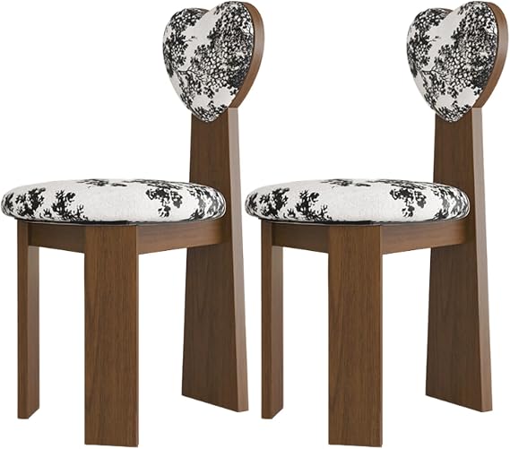 Solid Wood Dining Chairs Set of 2,Mid Century Modern Dining Chairs with Heart-Shaped Backrest & Wood Frame,Upholstered Dining Room Chairs for Kitchen, Living Room Walnut+Floral Fabric