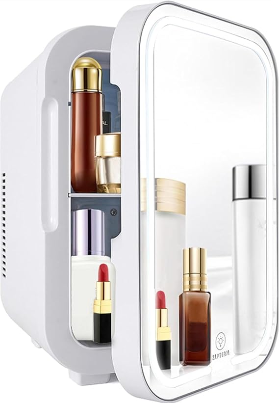 Mini Fridge with Mirror Door & Adjustable LED Lights - 8L Cosmetic Skincare Fridge for Bedroom,Dorm,Mini Car Refrigerator Portable Quiet Cooling,Gift for Women