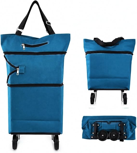 Collapsible Shopping Cart with 360 Swivel Wheels, Reusable Foldable Tote Grocery Cart for Travel Camping and Home