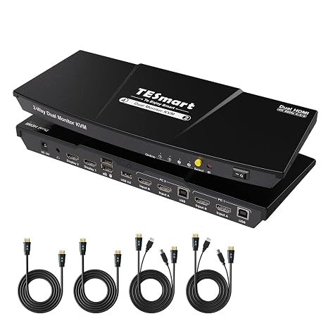 TESmart HDMI KVM Switch 2 Monitors 2 Computers 4K@60Hz, USB 2.0, Dual Monitor KVM Switch HDMI 2 Port Extended Display, EDID emulators, L/R Audio, Hotkey Switch, Button Switch with All Input Cables