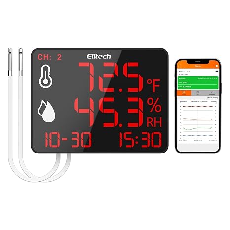 Elitech Bluetooth Thermometer Industrie Großes DisplayTemperatur- und Feuchtigkeitsmessgerät Data Logger mit Externe SensorenEchtzeitüberwachung für Lager Labor Zuhause Gewächshaus DR-230-THDE