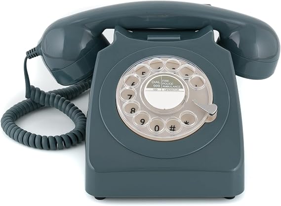 GPO 746 Rotary 1970s-style Retro Landline Phone - Curly Cord, Authentic Bell Ring (Grey)