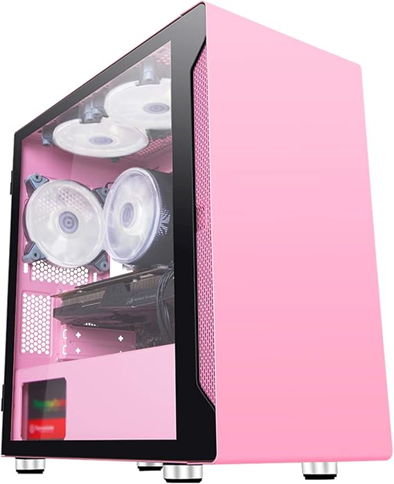 Gaming Case ATX Mid Tower PC - Front USB Port - Quick-Release Tempered Glass Side Panel - Cable Management System - Water-Cooling Ready - Pink