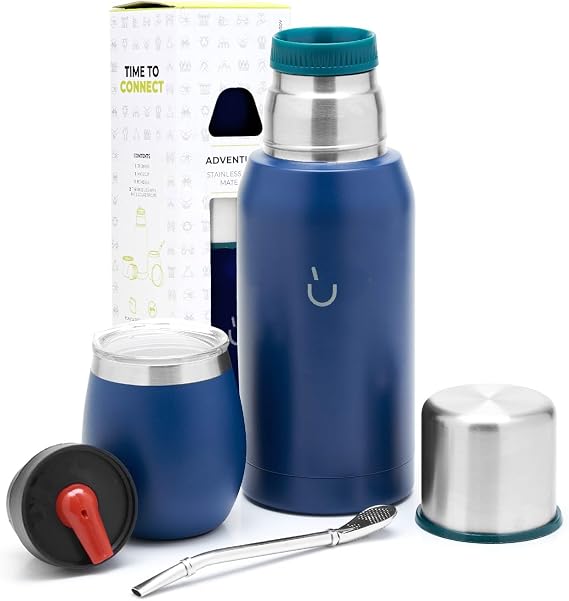 BALIBETOV Yerba Mate Kit - Includes 1 Mate Cup, 1 Straw, and 1 Thermal Flask with 2 Stoppers - The Stainless Steel Yerba Mate Gourd, Includes Lid (Blue)