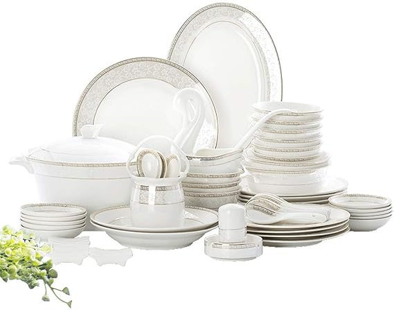 White Round Porcelain Dinnerware Set, Dishes/Plate/Bowl Set, Fine Bone China Dinnerware Sets, Collection Ceramic Kitchen and Dining Sets for Home,B56 pcs Service for 10