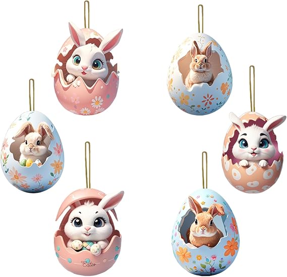 6 Pcs Easter Eggs Decorations Hanging Ornaments Spring Cartoon Eggs Hatching Bunny Designs 2D Flat Easter Tree Ornaments Cute Mini Rabbit Tree Hanging Ornament for Home Office Party Supplies